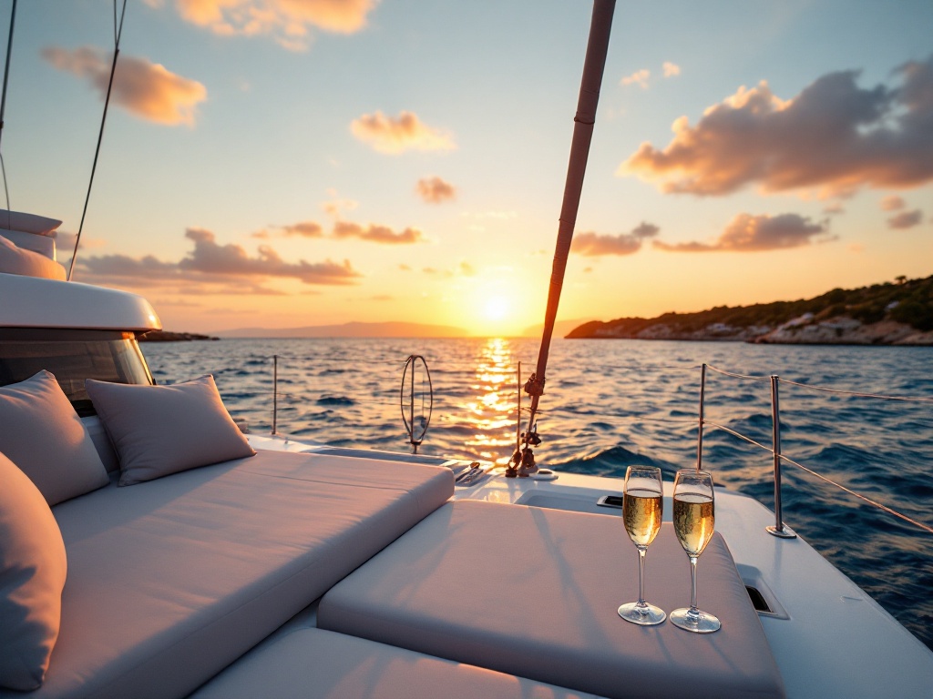 Luxury catamaran charter experience in Greece - Sunset sailing near Greek islands