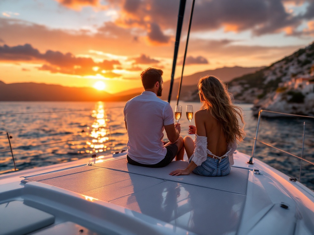 Mediterranean luxury yacht lifestyle - sunset dining and entertainment aboard catamaran