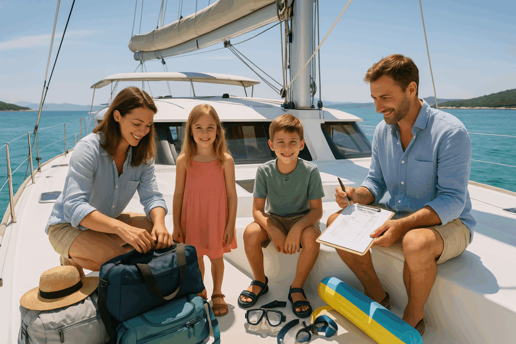 A happy family preparing for a yacht trip, smiling on deck with bags and sunshine