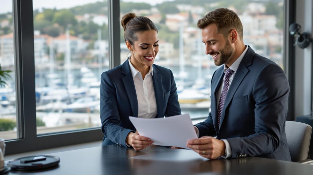 Professional yacht insurance consultation showing successful claim resolution in Croatia, with happy clients reviewing documentation at Marina Dalmacija