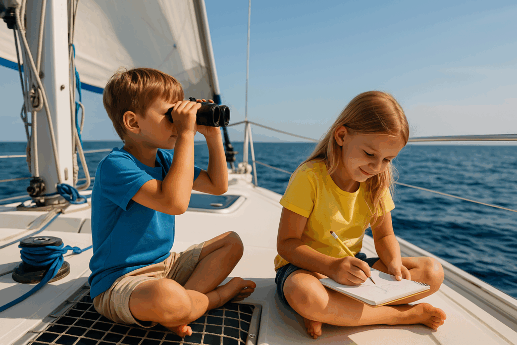 candid photo of a boy and girl (ages 6–9) engaged in a sailing activity on the deck of a catamaran. One is peeking through binoculars, the other is drawing in a notebook
