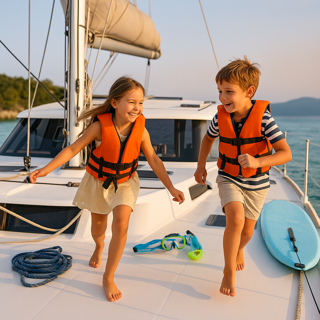 Kids on a front deck of a catamaran