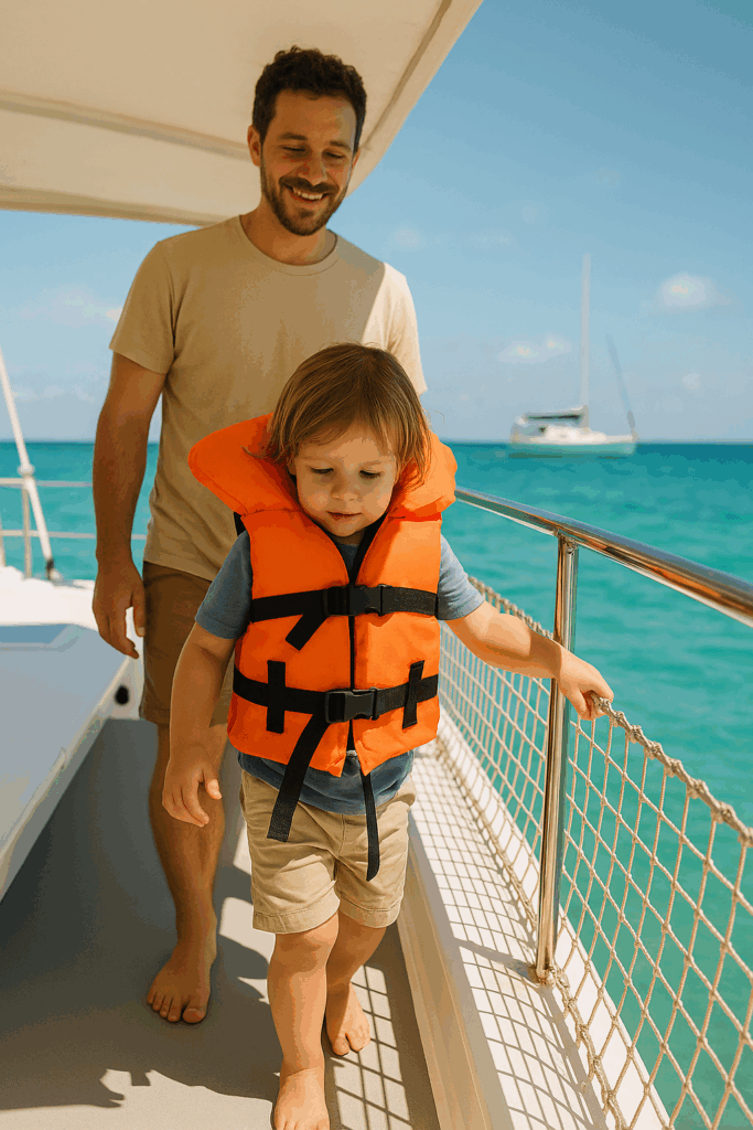 Father walking behind a kid in life vest holding a catamaran safety railing