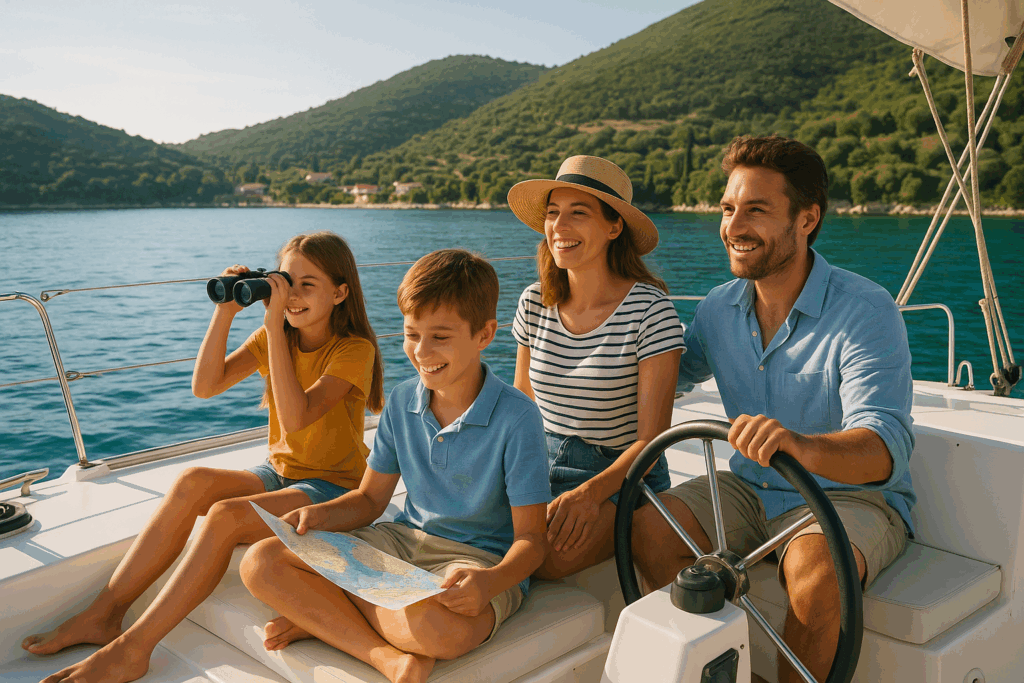 Family of four sitting on a catamaran flybridge and cruising in Sami
