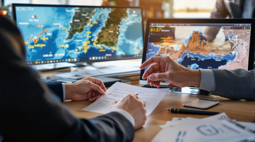 Professional yacht insurance consultation showing Mediterranean sailing map, with expert reviewing coverage options for different regions including Greek islands and Croatian coast