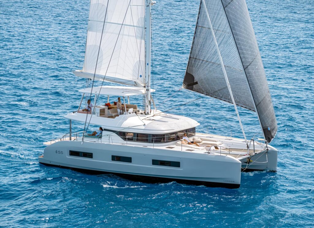 Luxury Lagoon 55 catamaran in Mediterranean waters, showcasing spacious deck layout and premium features for summer charter