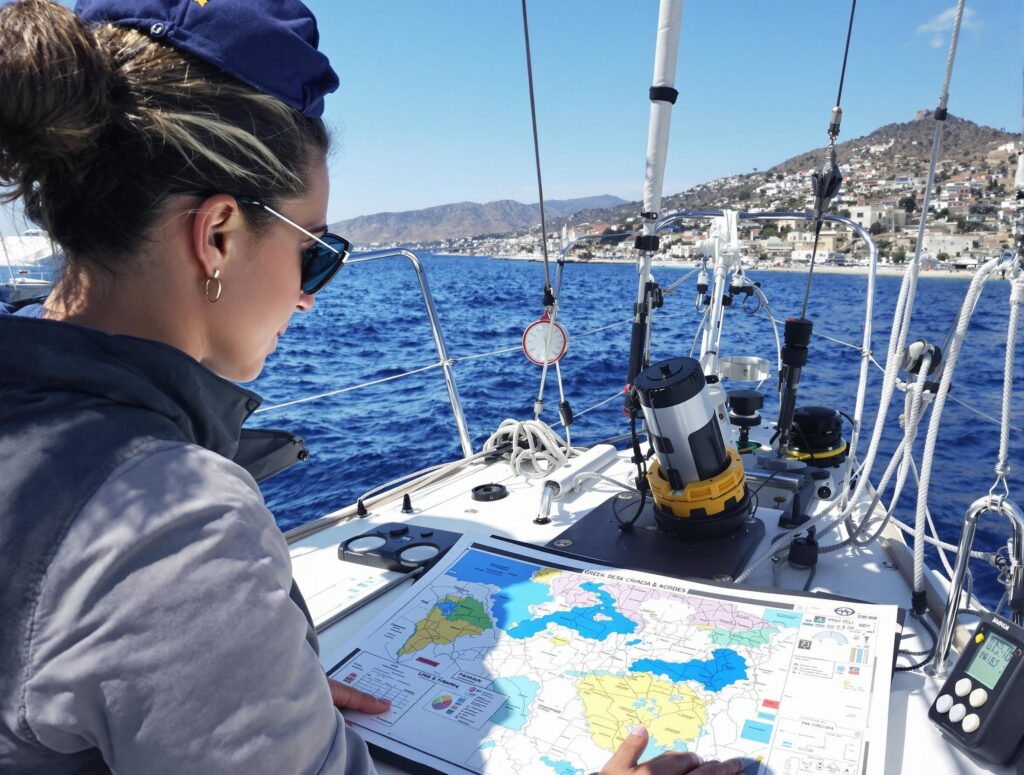 Local sailing expert Maria from Salty Breeze guiding yacht charter experiences in Northern Greece