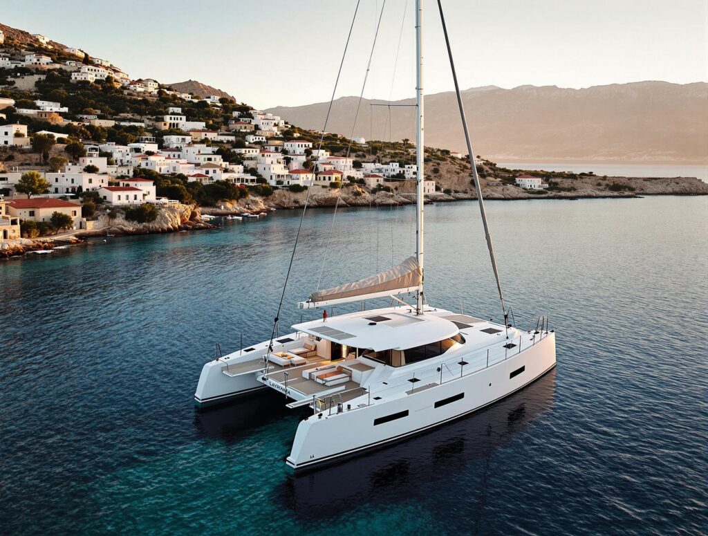 Top catamaran routes Mediterranean guide - Lagoon catamaran with distinctive dual hulls anchored in turquoise waters, featuring spacious flybridge and aft cockpit typical of modern luxury catamarans