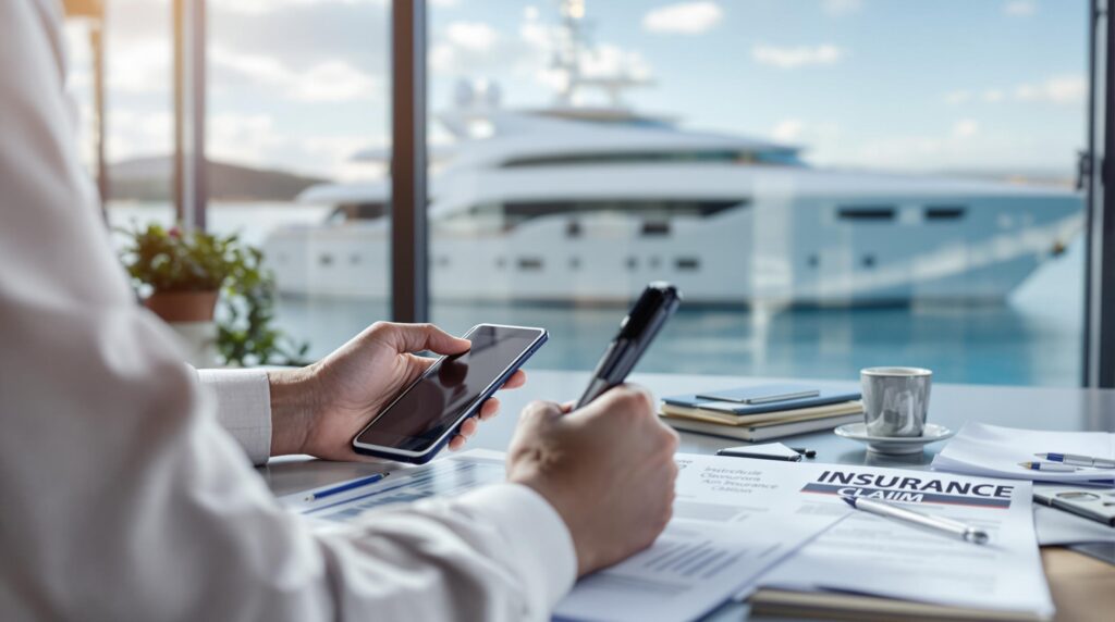 Professional yacht insurance consultation showing expert reviewing digital coverage options with clients, highlighting smart protection choices for Mediterranean charters