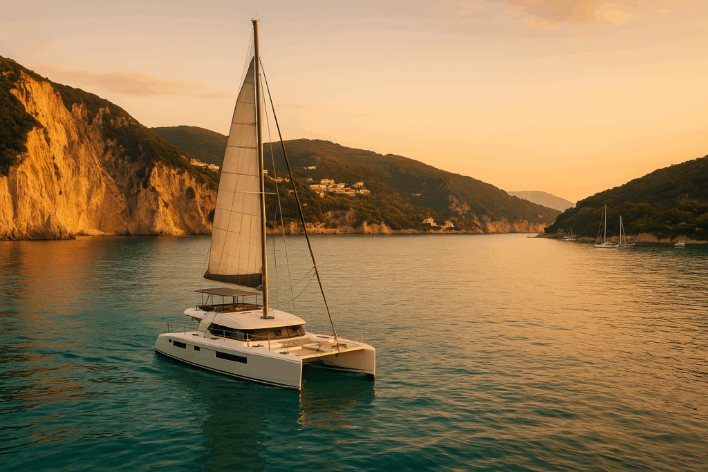 View from a catamaran sailing toward one of the best Mediterranean yacht destinations at sunset
