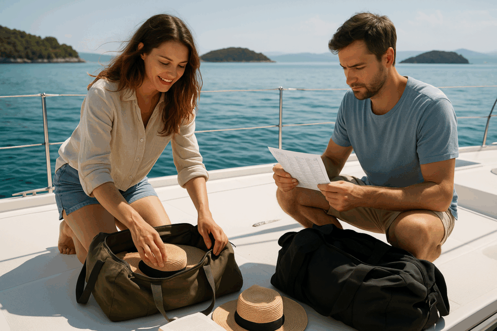 First-time yacht guests unpacking soft bags and preparing sun hats on a catamaran in the Mediterranean