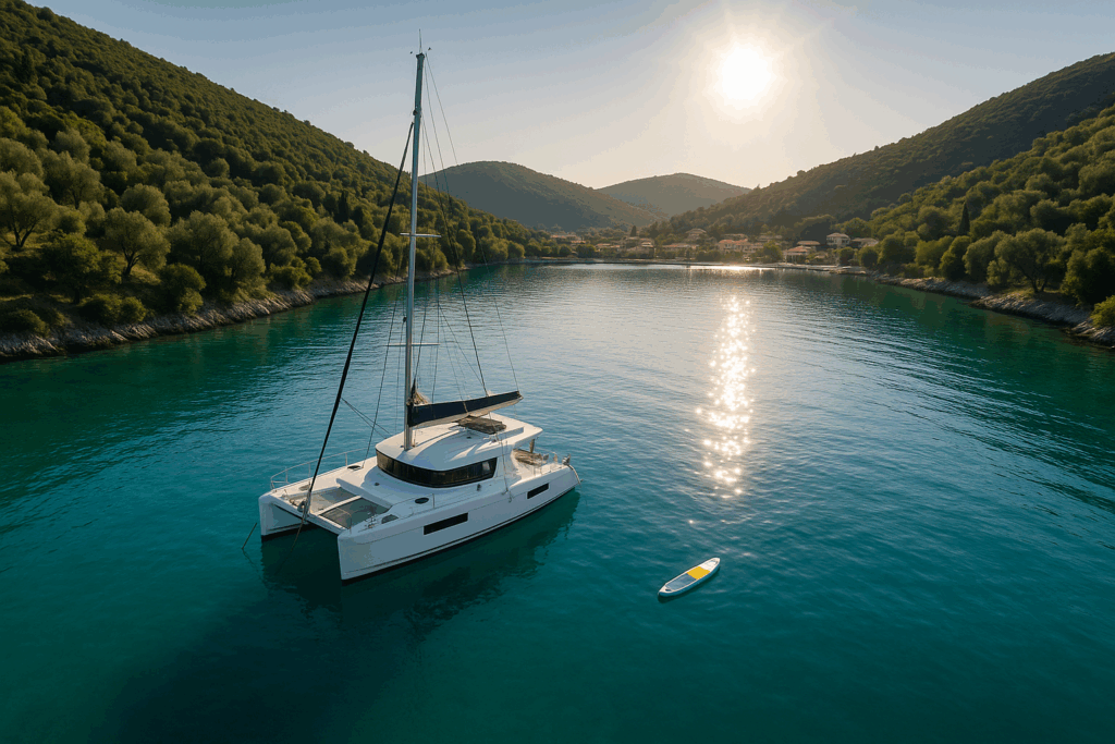 Catamaran sailing into a quiet bay during a 7-day Ionian Islands yacht itinerary from Lefkada