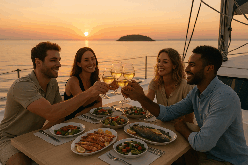 Group of friends enjoying a luxury yacht holiday on a budget while having dinner on the catamaran deck at sunset