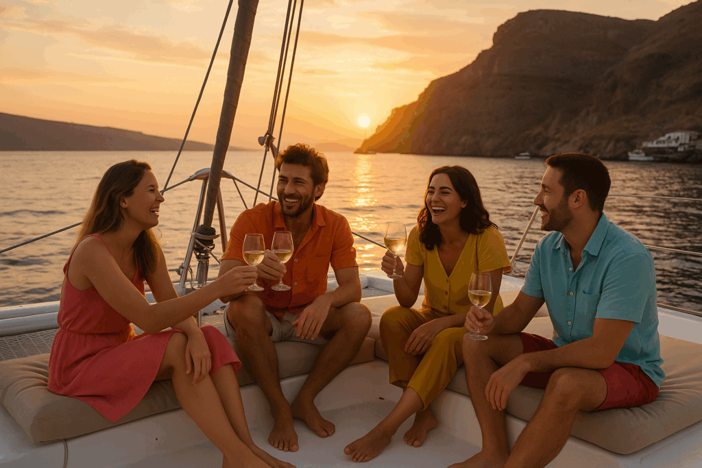 Guests relaxing on a sailing catamaran during sunset with drinks and sea view in the Greek islands