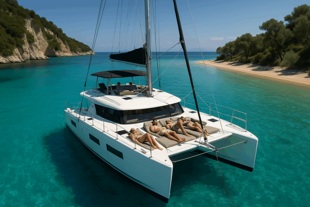Modern catamaran anchored in a quiet Greek bay with guests lounging on deck under the sun