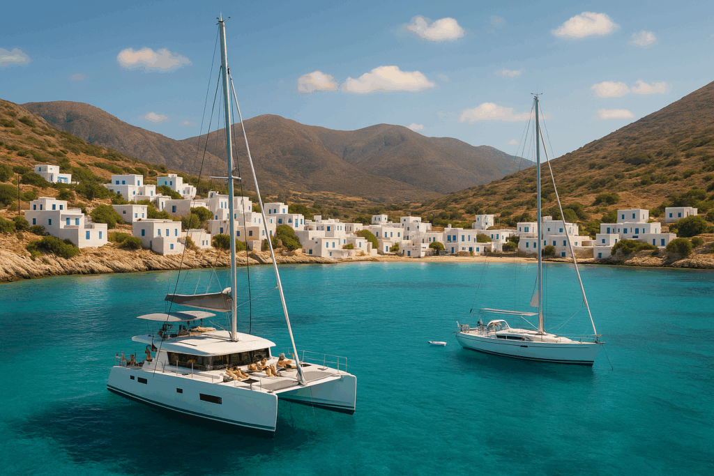 Catamaran and sailboat anchored near a Greek island with traditional white houses on shore