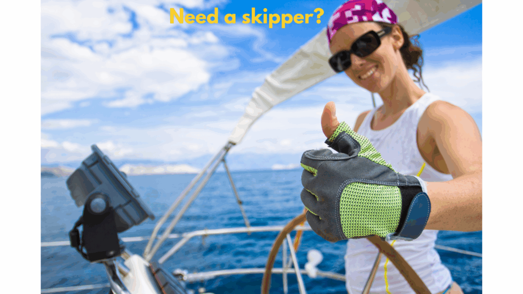 Professional skipper steering a catamaran with guests relaxing on deck in Greek islands
