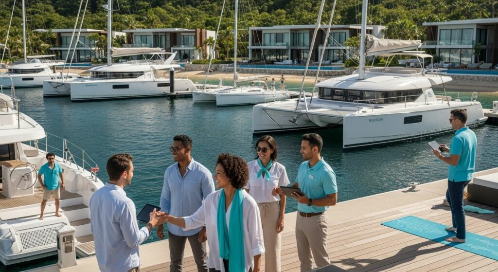 luxury travel 2025, eco-friendly yacht, modern marina