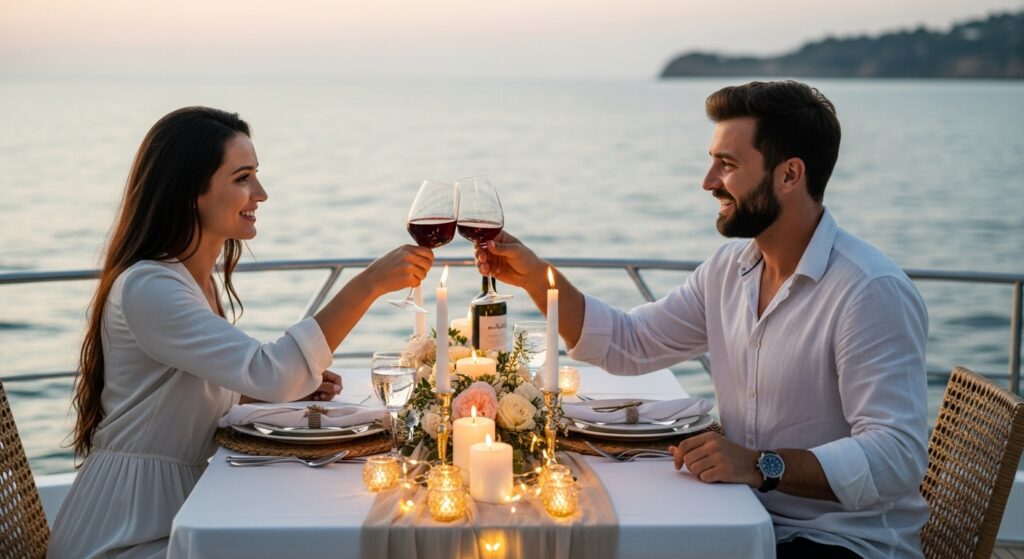 romantic yacht dinner, sunset yacht, couples onboard